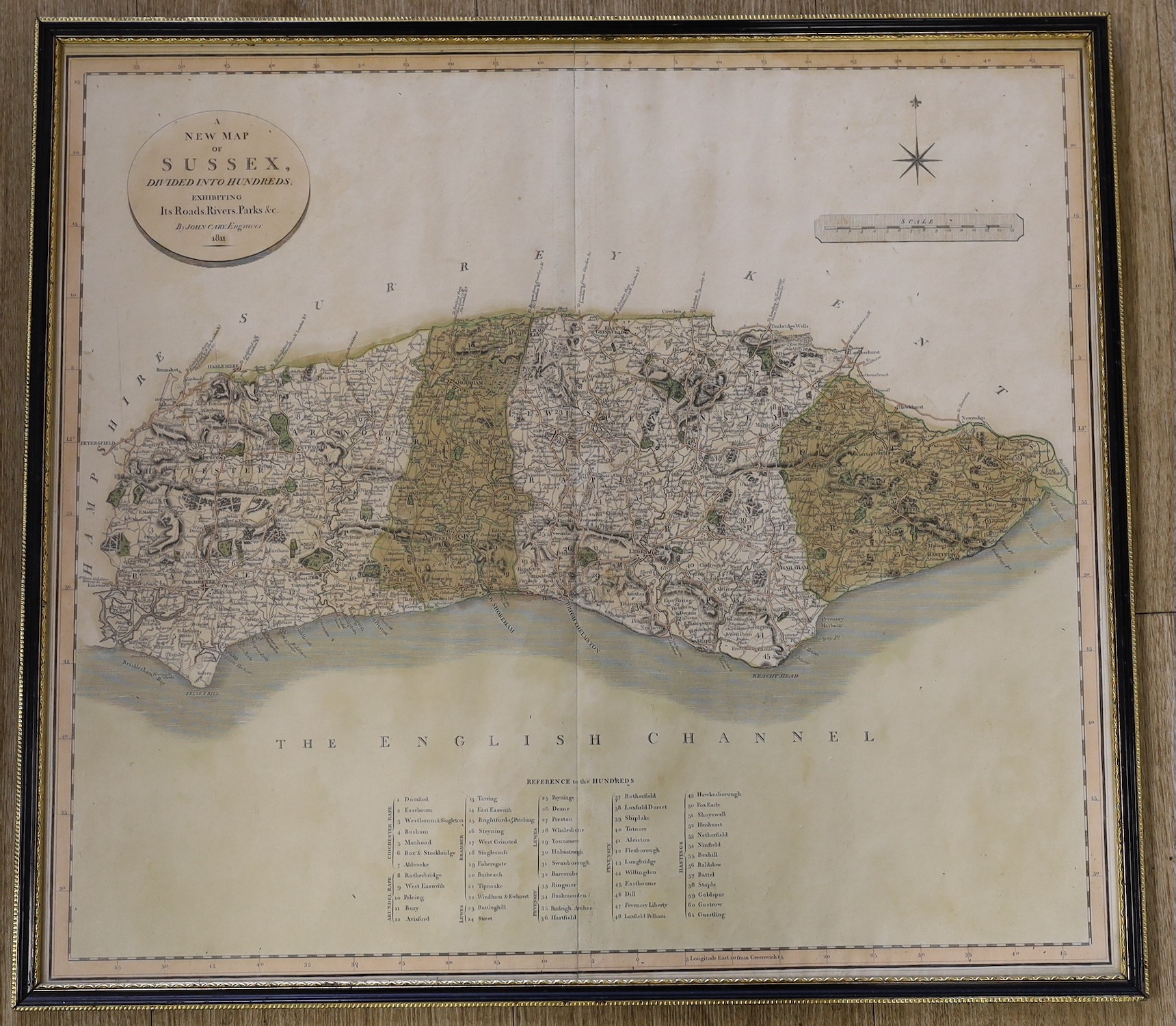 John Stoke, coloured engraving, 'The Range of Clay Hills'; map of the area around Horsham across to East Grinstead, 1777, 50 x 69cm, a Cary Map of Sussex 1811, 48 x 53cm and a later railway map of Sussex